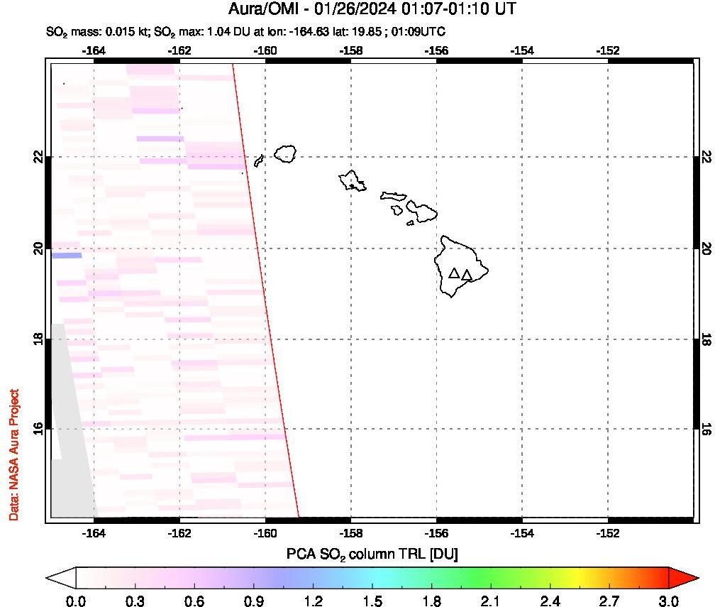 A sulfur dioxide image over Hawaii, USA on Jan 26, 2024.