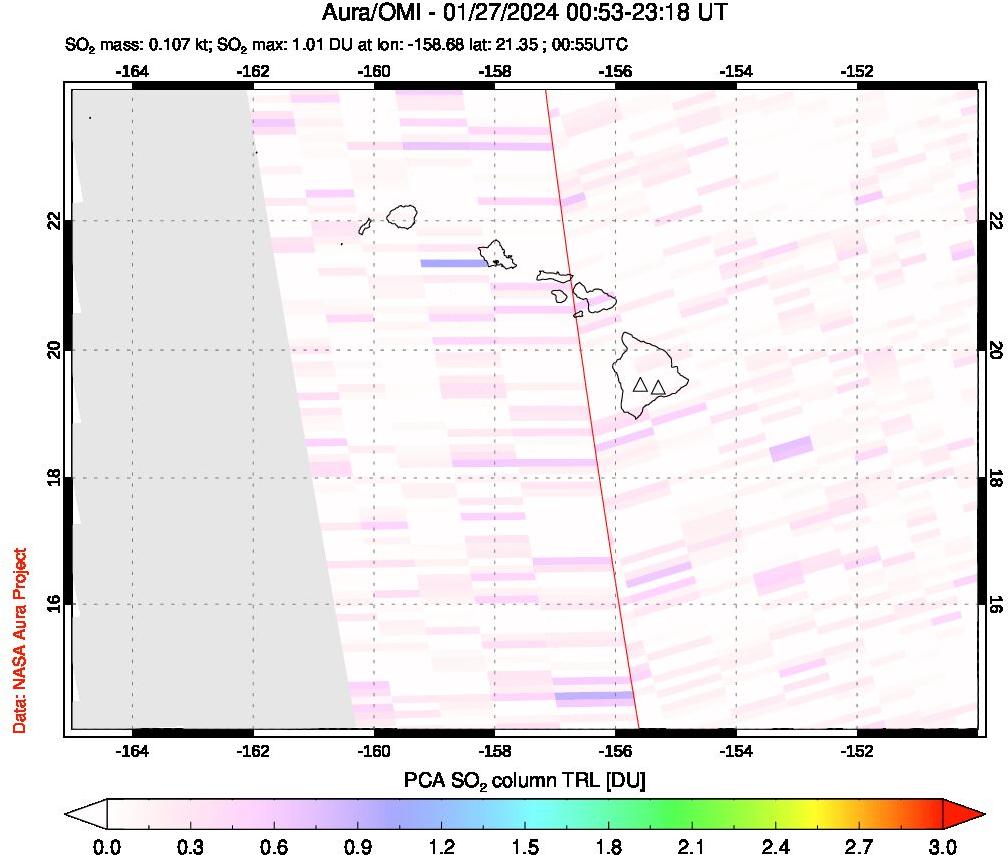 A sulfur dioxide image over Hawaii, USA on Jan 27, 2024.