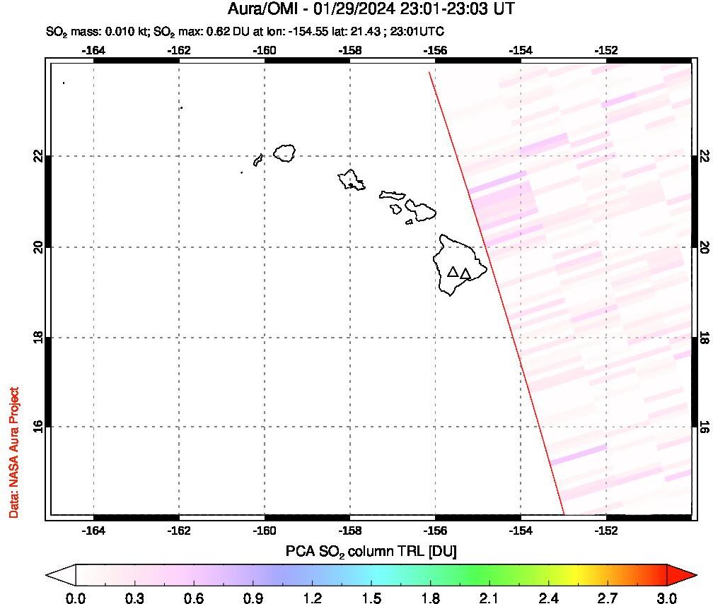 A sulfur dioxide image over Hawaii, USA on Jan 29, 2024.