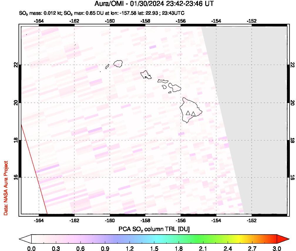 A sulfur dioxide image over Hawaii, USA on Jan 30, 2024.