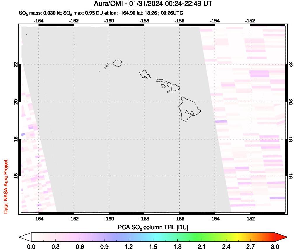 A sulfur dioxide image over Hawaii, USA on Jan 31, 2024.