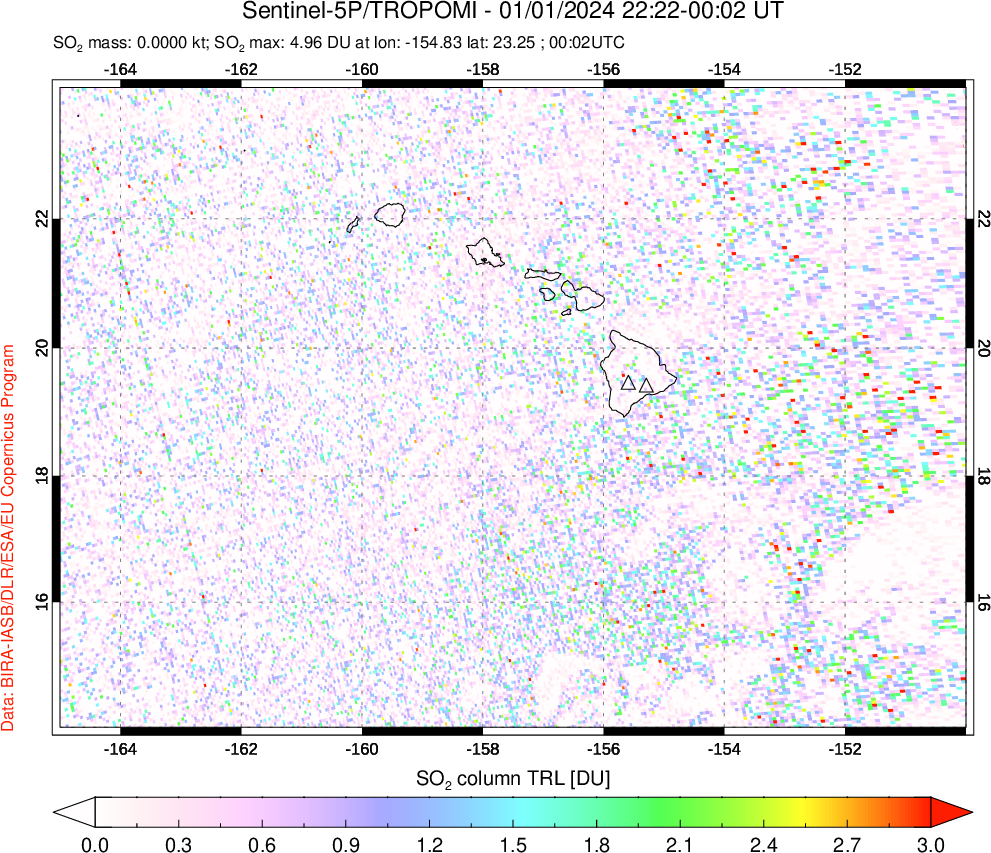 A sulfur dioxide image over Hawaii, USA on Jan 01, 2024.