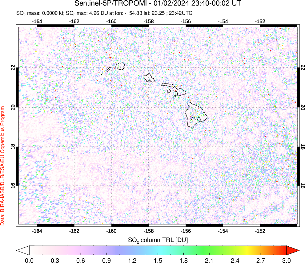 A sulfur dioxide image over Hawaii, USA on Jan 02, 2024.