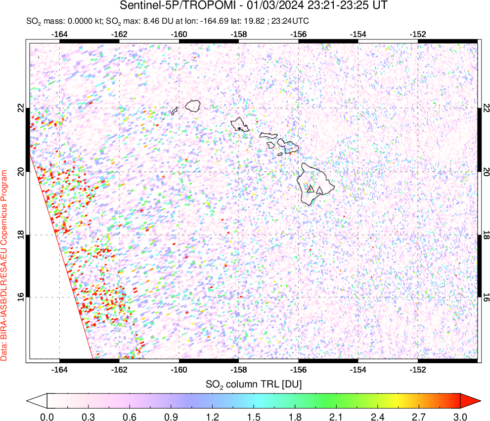 A sulfur dioxide image over Hawaii, USA on Jan 03, 2024.