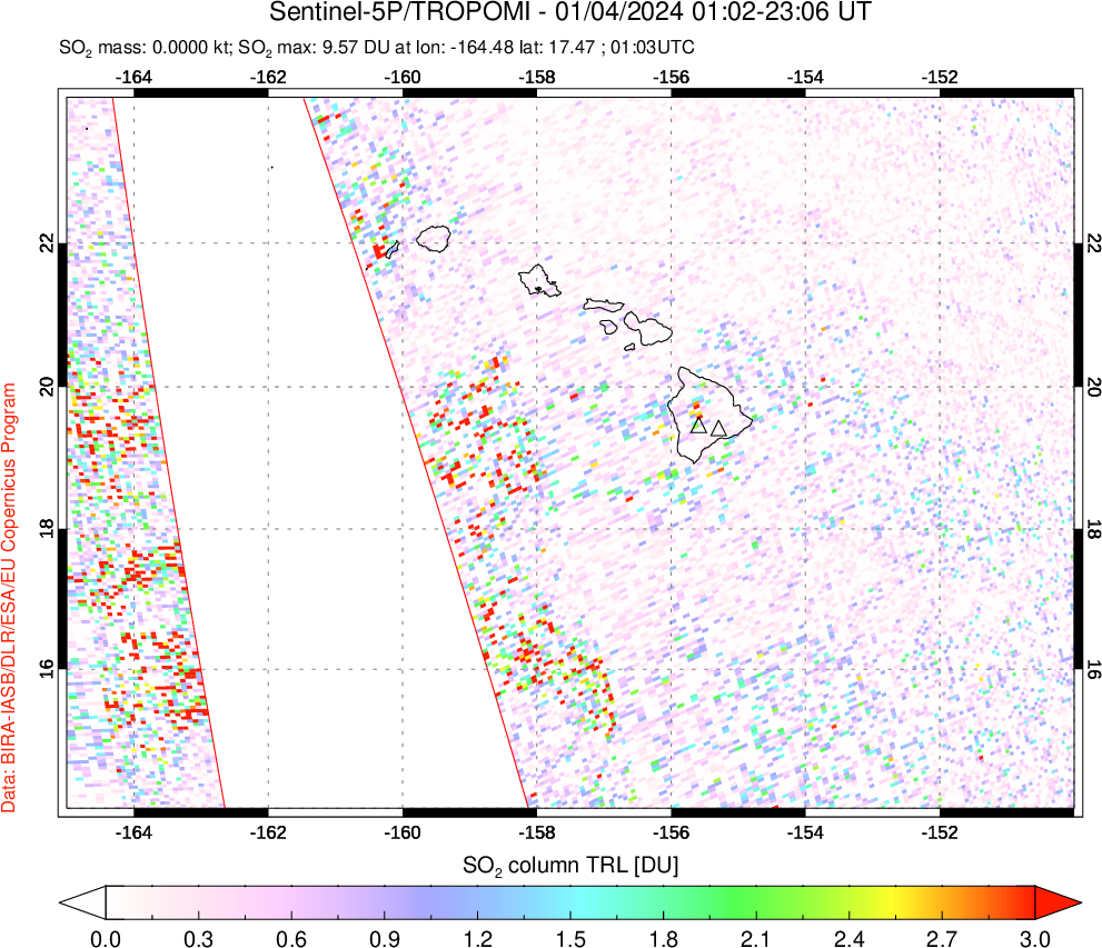 A sulfur dioxide image over Hawaii, USA on Jan 04, 2024.