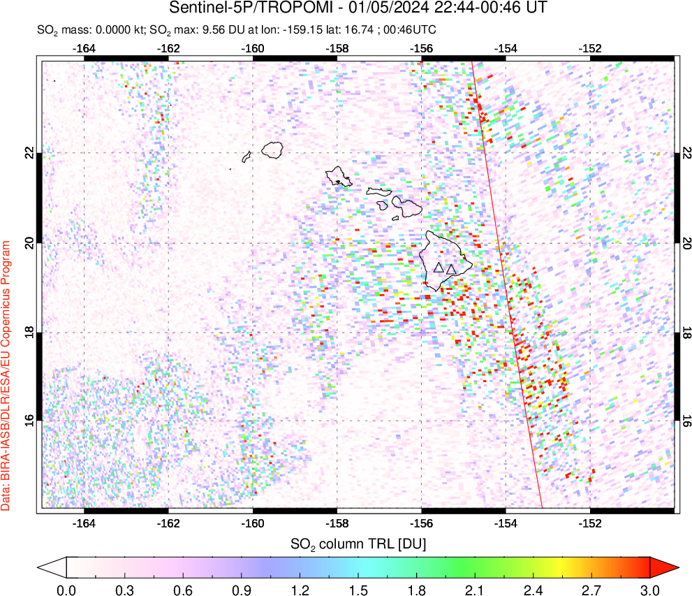 A sulfur dioxide image over Hawaii, USA on Jan 05, 2024.