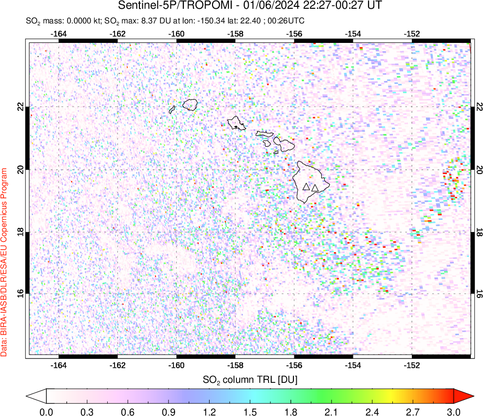 A sulfur dioxide image over Hawaii, USA on Jan 06, 2024.