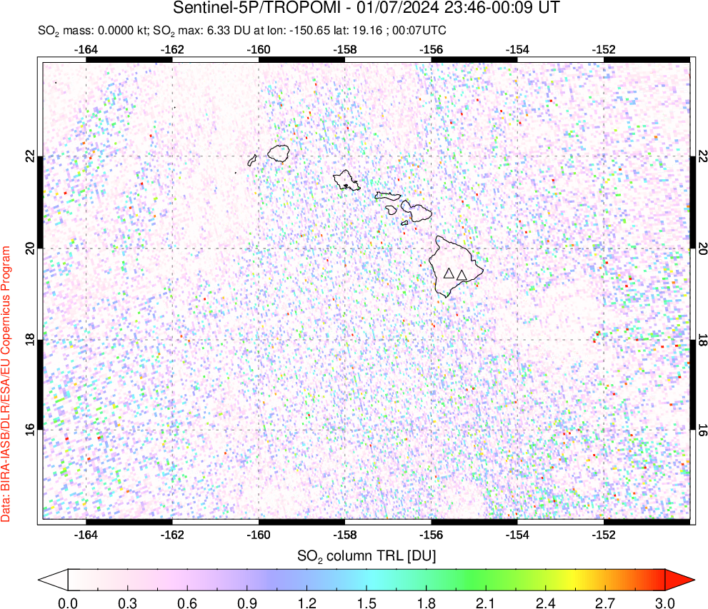 A sulfur dioxide image over Hawaii, USA on Jan 07, 2024.