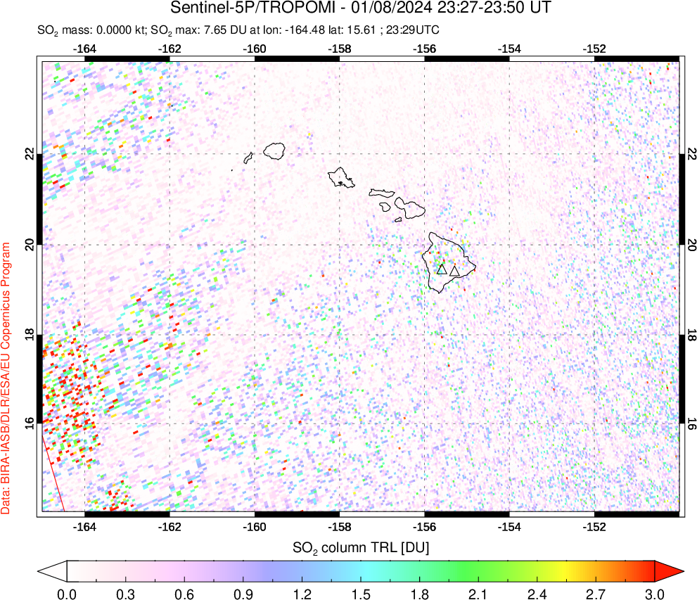 A sulfur dioxide image over Hawaii, USA on Jan 08, 2024.