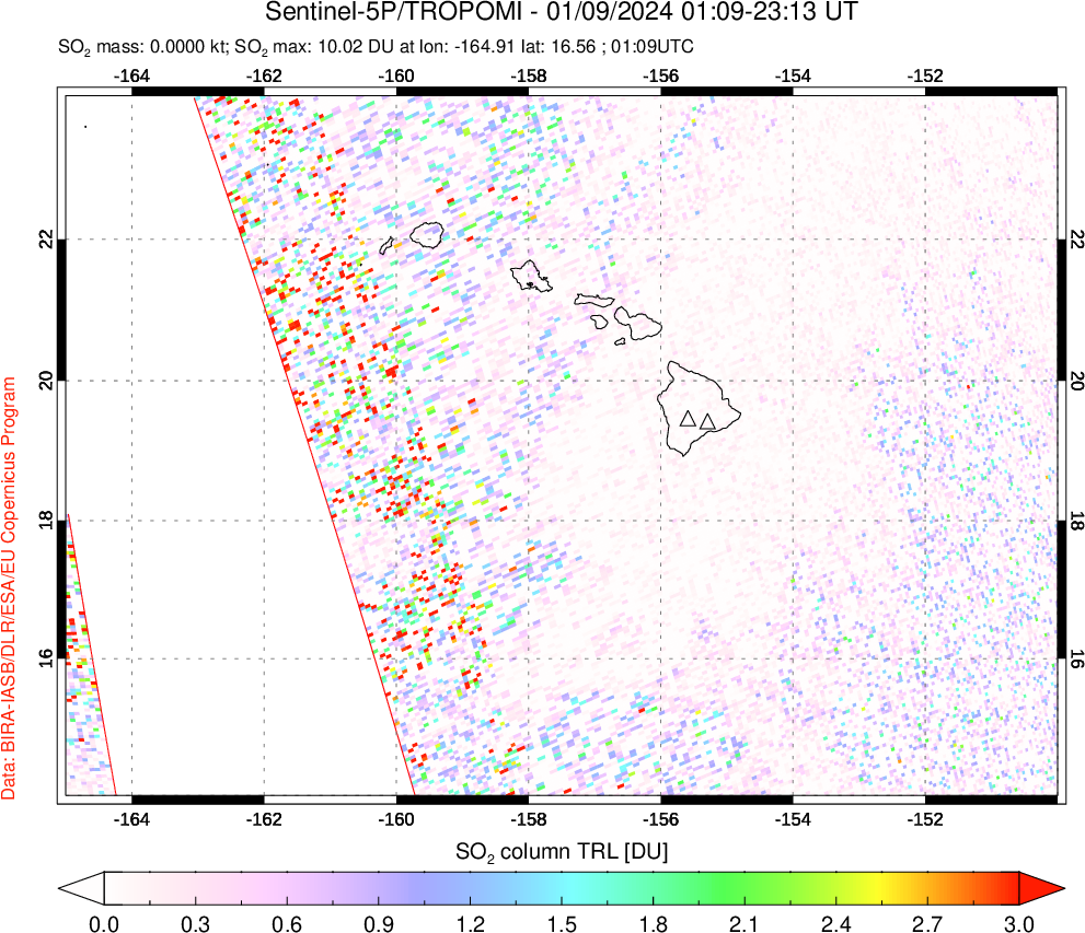 A sulfur dioxide image over Hawaii, USA on Jan 09, 2024.