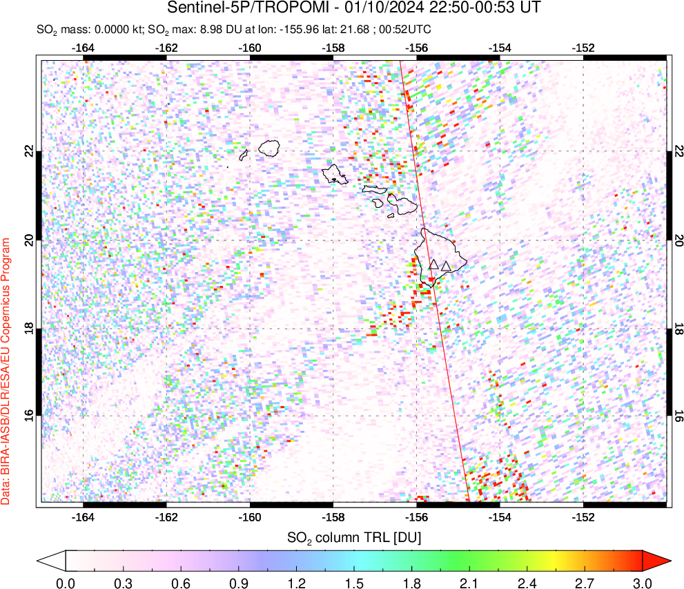 A sulfur dioxide image over Hawaii, USA on Jan 10, 2024.