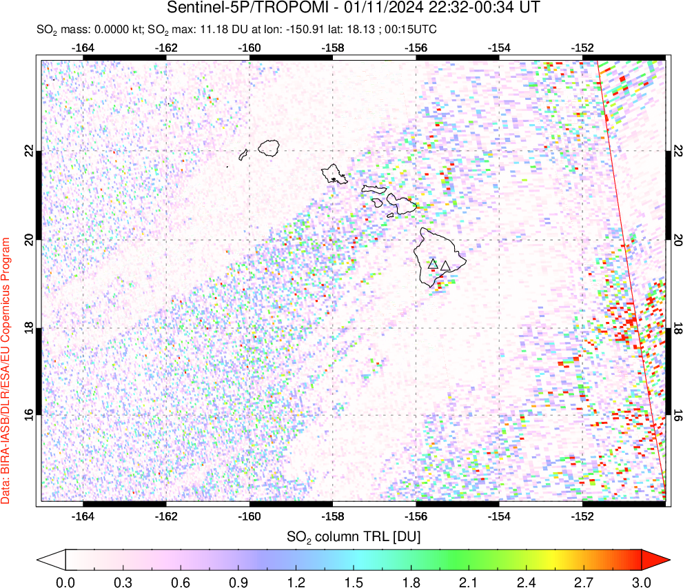 A sulfur dioxide image over Hawaii, USA on Jan 11, 2024.