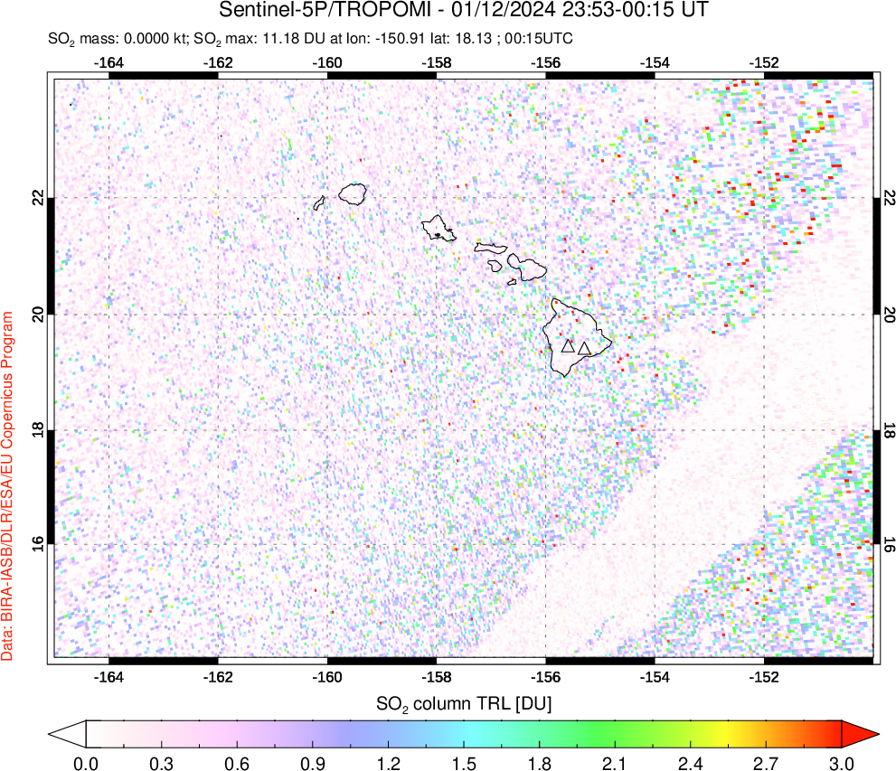 A sulfur dioxide image over Hawaii, USA on Jan 12, 2024.