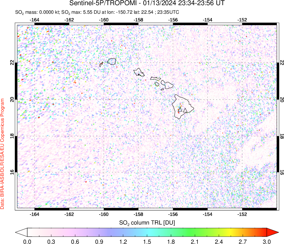 A sulfur dioxide image over Hawaii, USA on Jan 13, 2024.