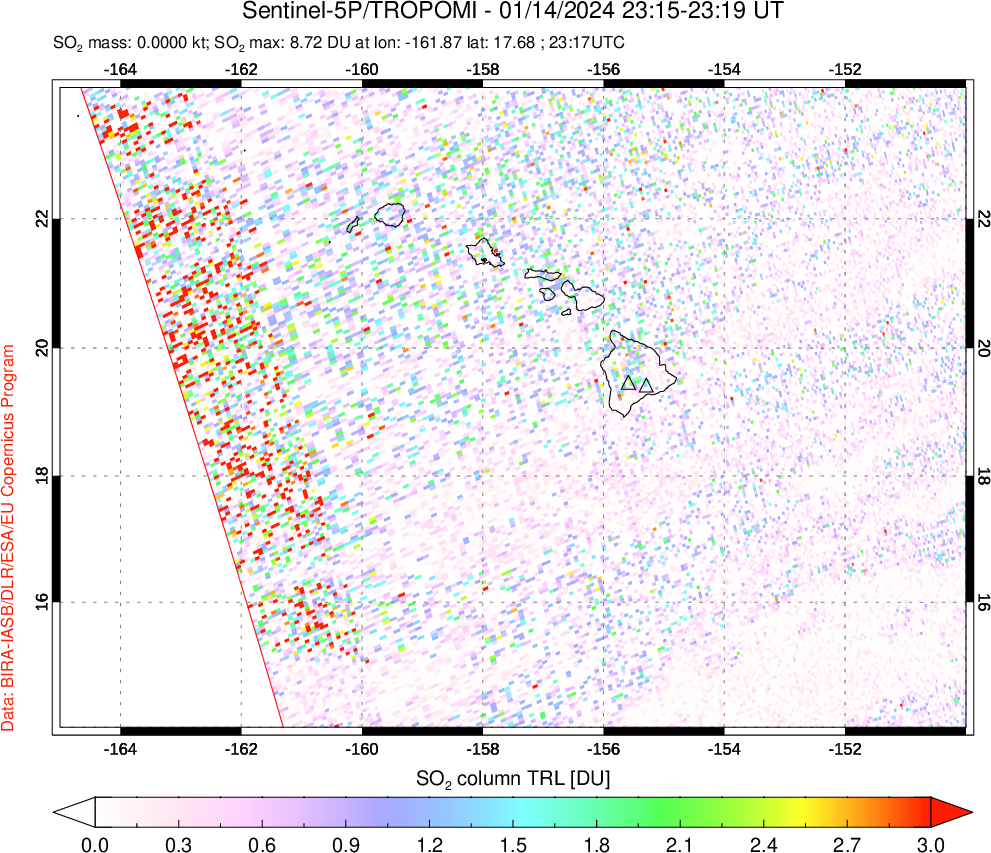 A sulfur dioxide image over Hawaii, USA on Jan 14, 2024.