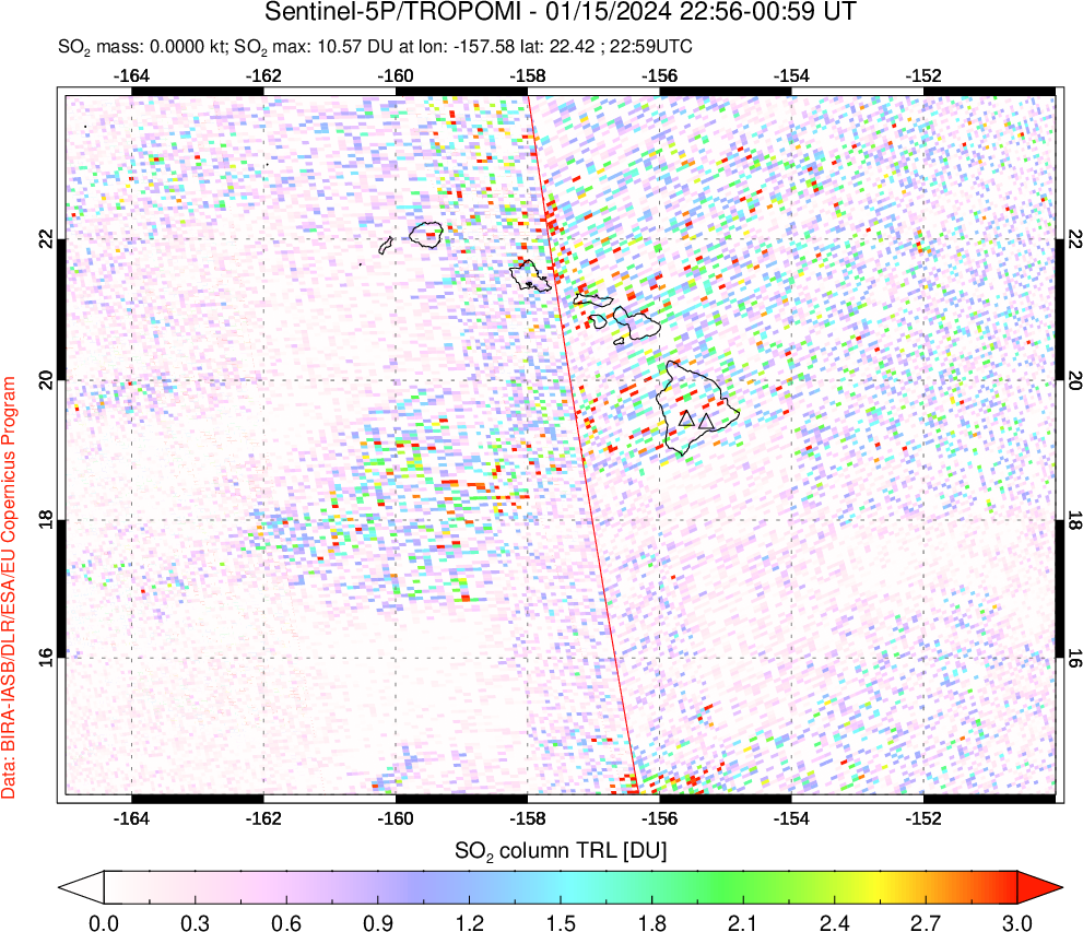 A sulfur dioxide image over Hawaii, USA on Jan 15, 2024.