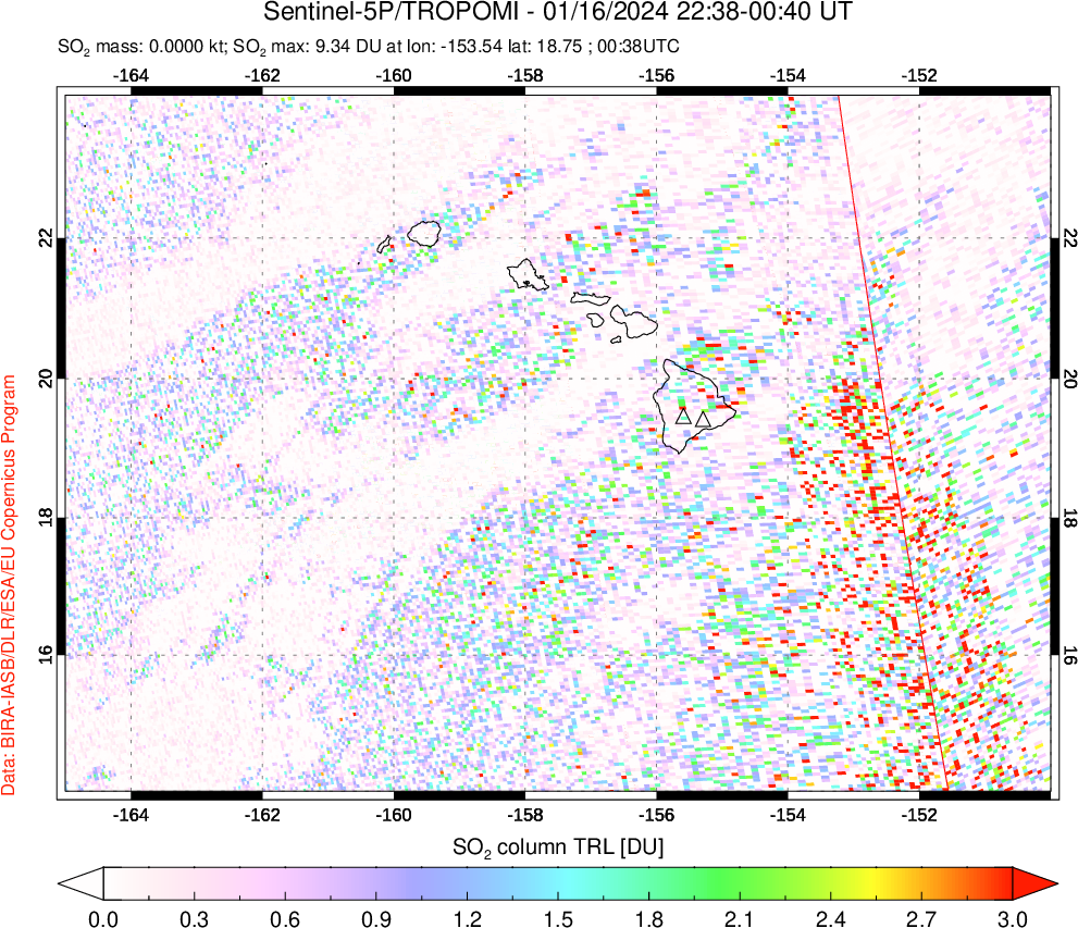 A sulfur dioxide image over Hawaii, USA on Jan 16, 2024.