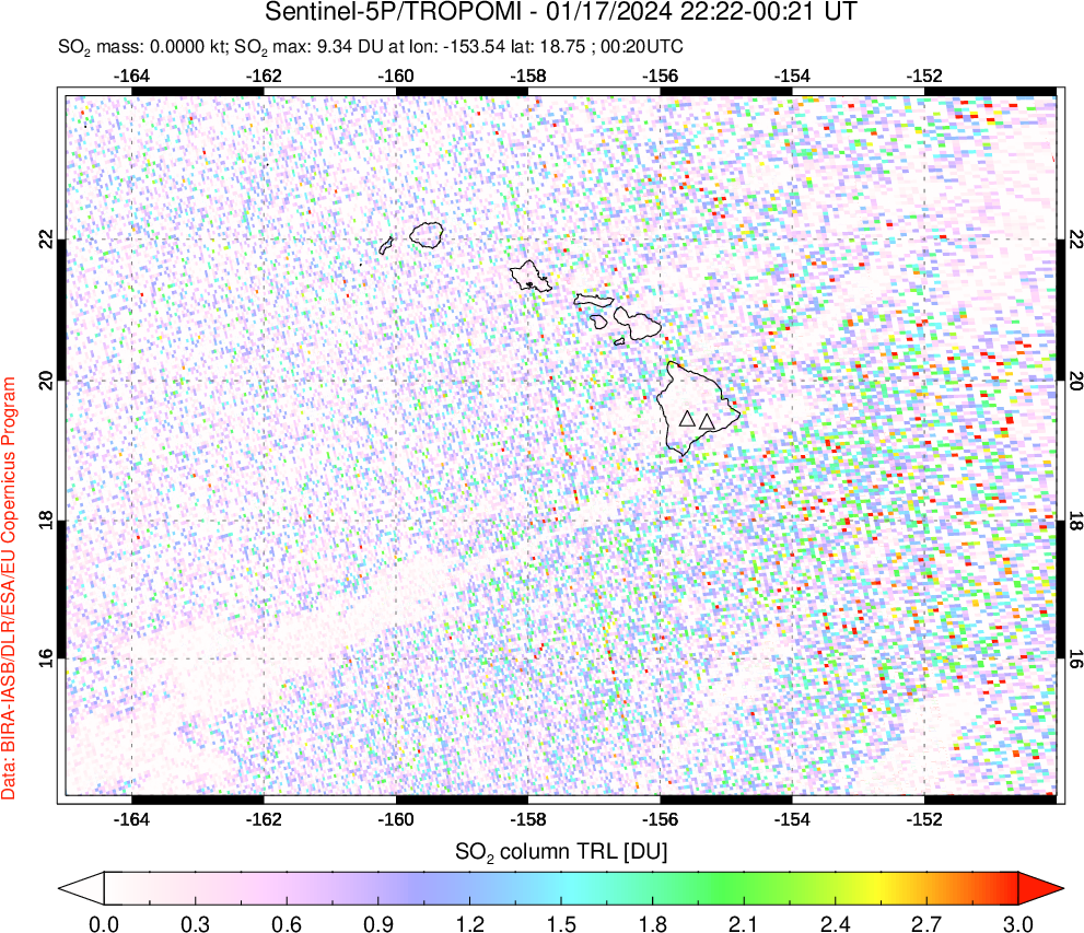 A sulfur dioxide image over Hawaii, USA on Jan 17, 2024.