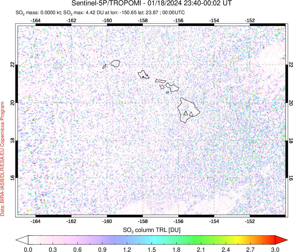 A sulfur dioxide image over Hawaii, USA on Jan 18, 2024.