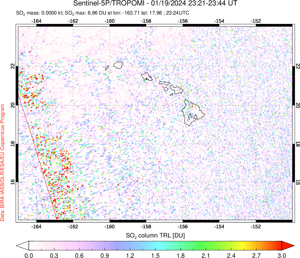 A sulfur dioxide image over Hawaii, USA on Jan 19, 2024.