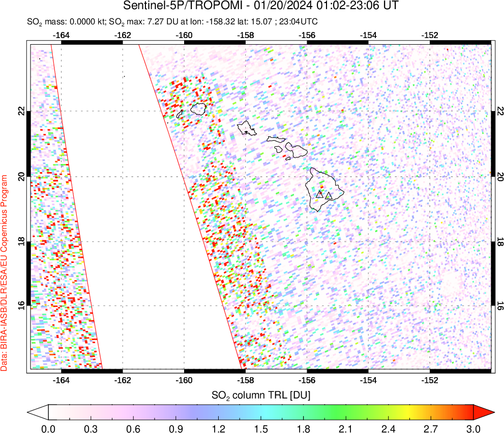 A sulfur dioxide image over Hawaii, USA on Jan 20, 2024.