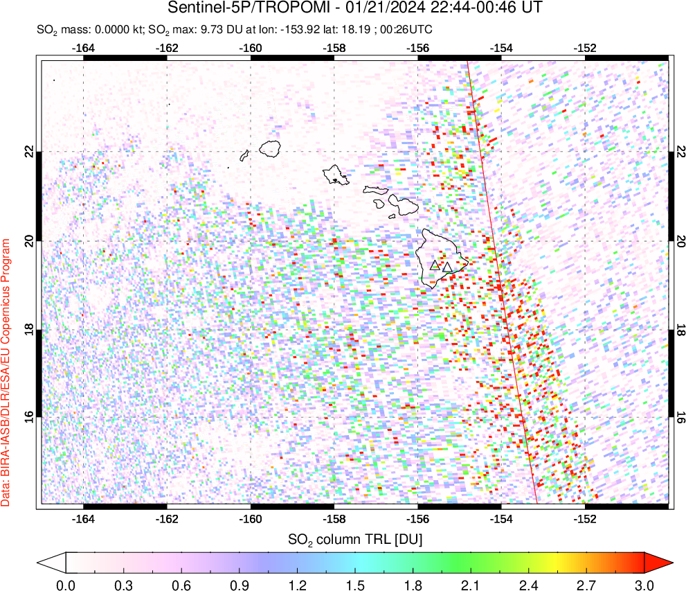 A sulfur dioxide image over Hawaii, USA on Jan 21, 2024.