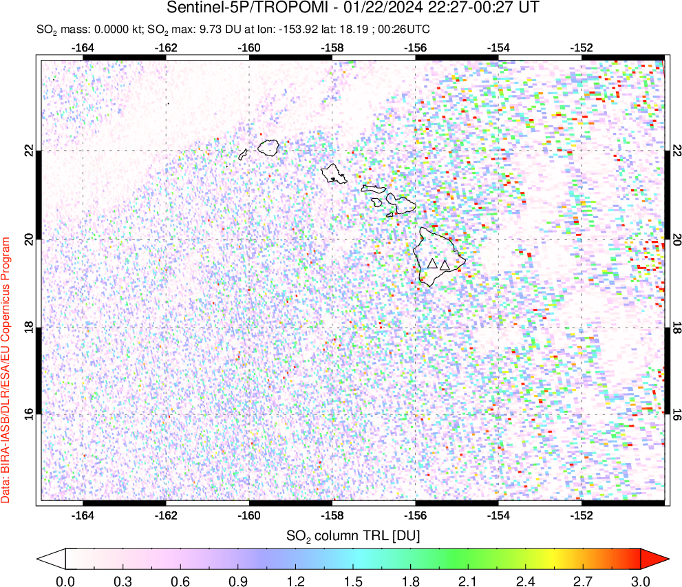 A sulfur dioxide image over Hawaii, USA on Jan 22, 2024.