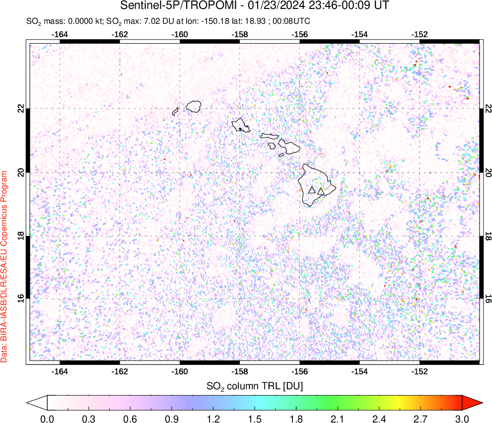 A sulfur dioxide image over Hawaii, USA on Jan 23, 2024.