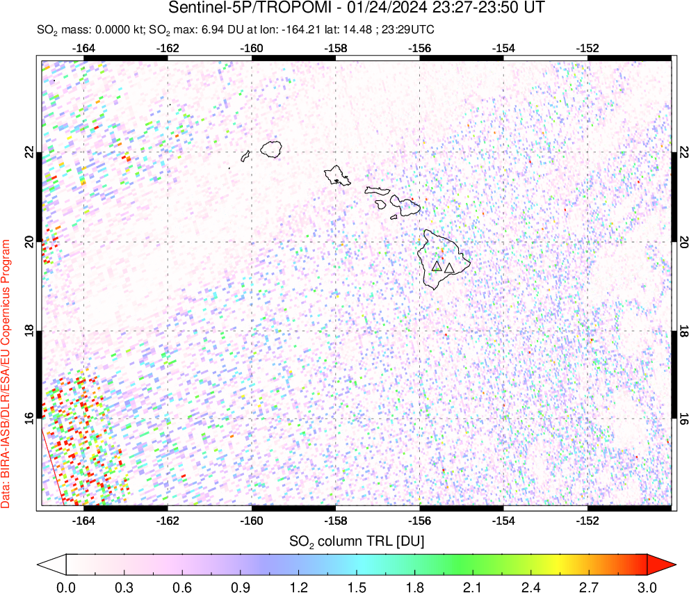 A sulfur dioxide image over Hawaii, USA on Jan 24, 2024.