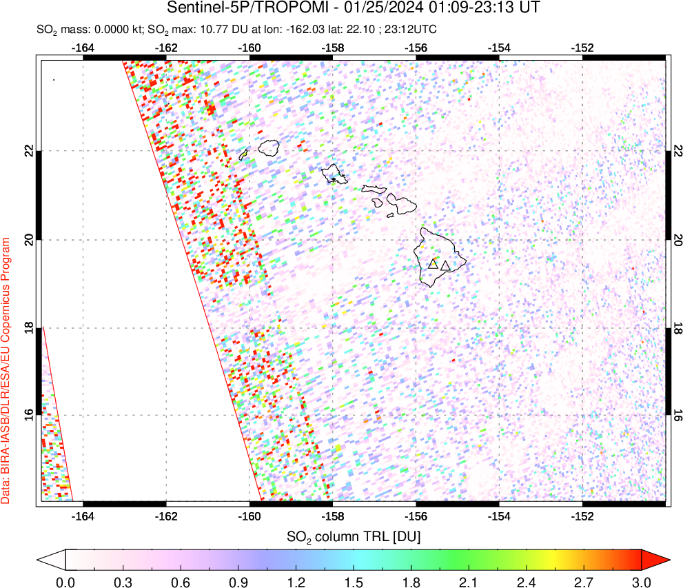 A sulfur dioxide image over Hawaii, USA on Jan 25, 2024.