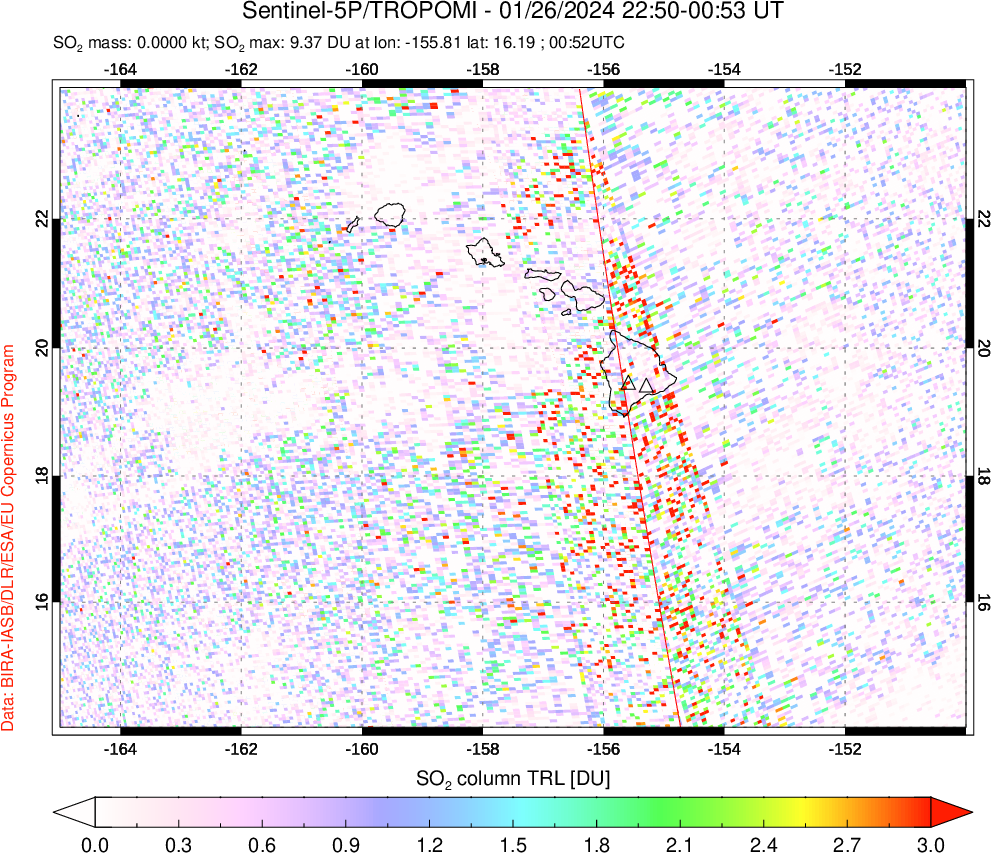 A sulfur dioxide image over Hawaii, USA on Jan 26, 2024.