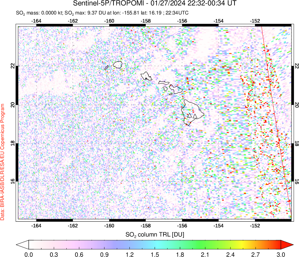 A sulfur dioxide image over Hawaii, USA on Jan 27, 2024.