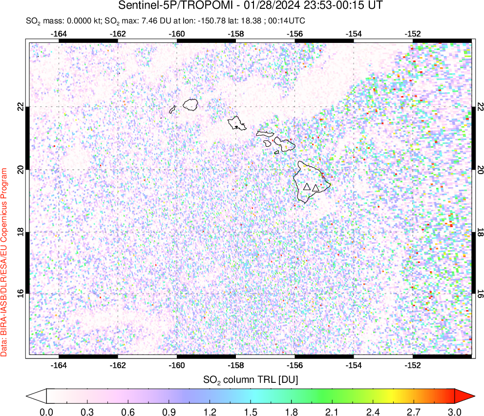 A sulfur dioxide image over Hawaii, USA on Jan 28, 2024.