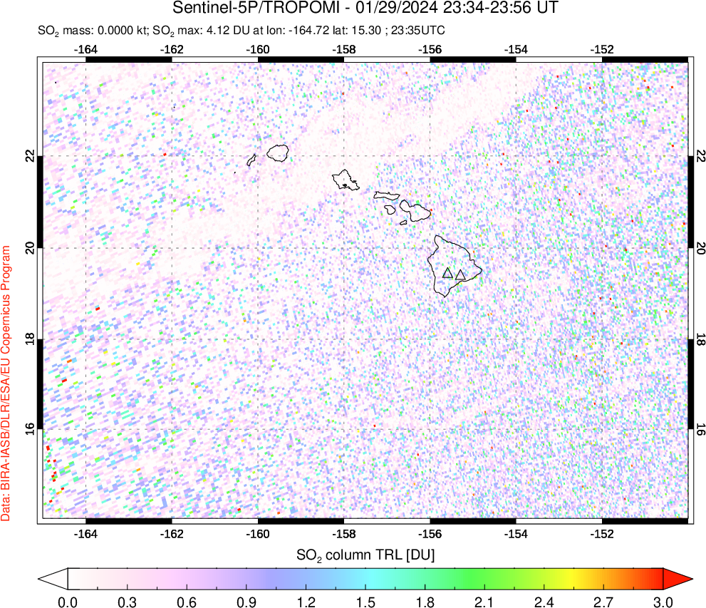 A sulfur dioxide image over Hawaii, USA on Jan 29, 2024.