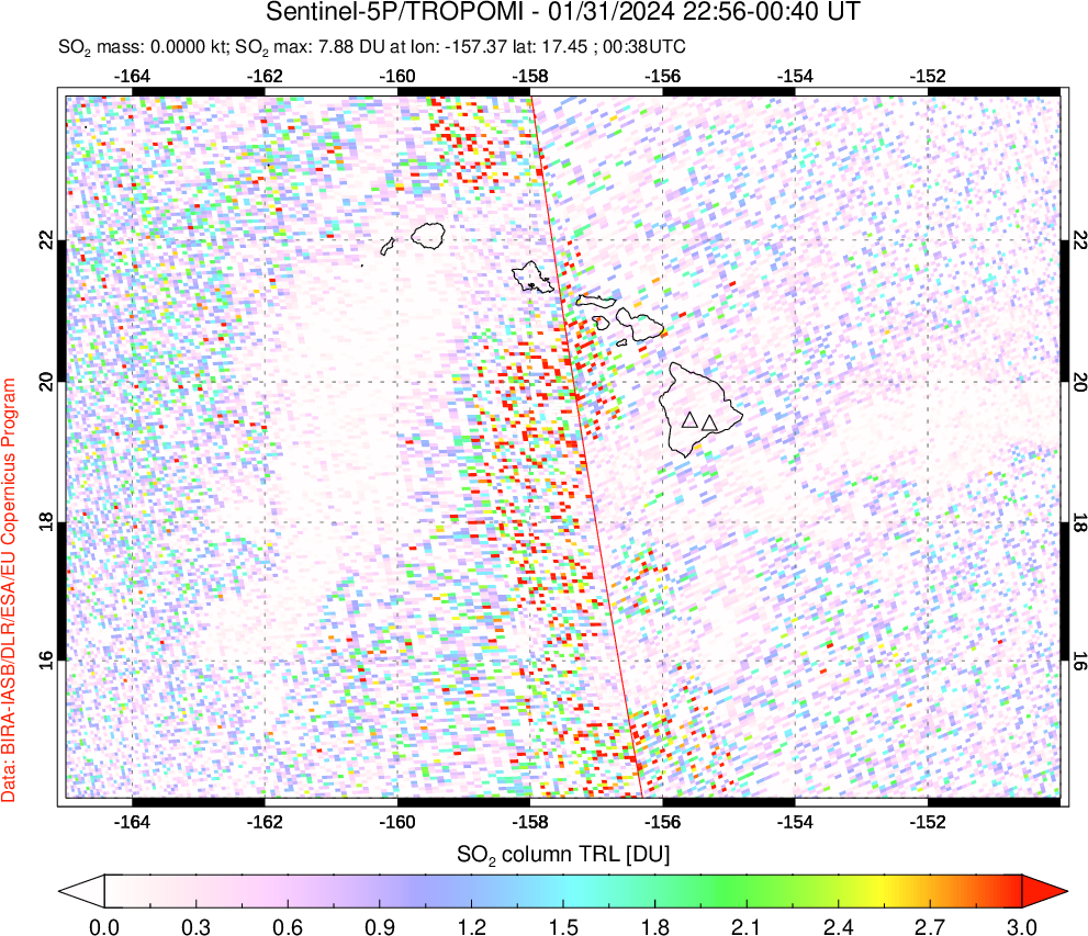 A sulfur dioxide image over Hawaii, USA on Jan 31, 2024.