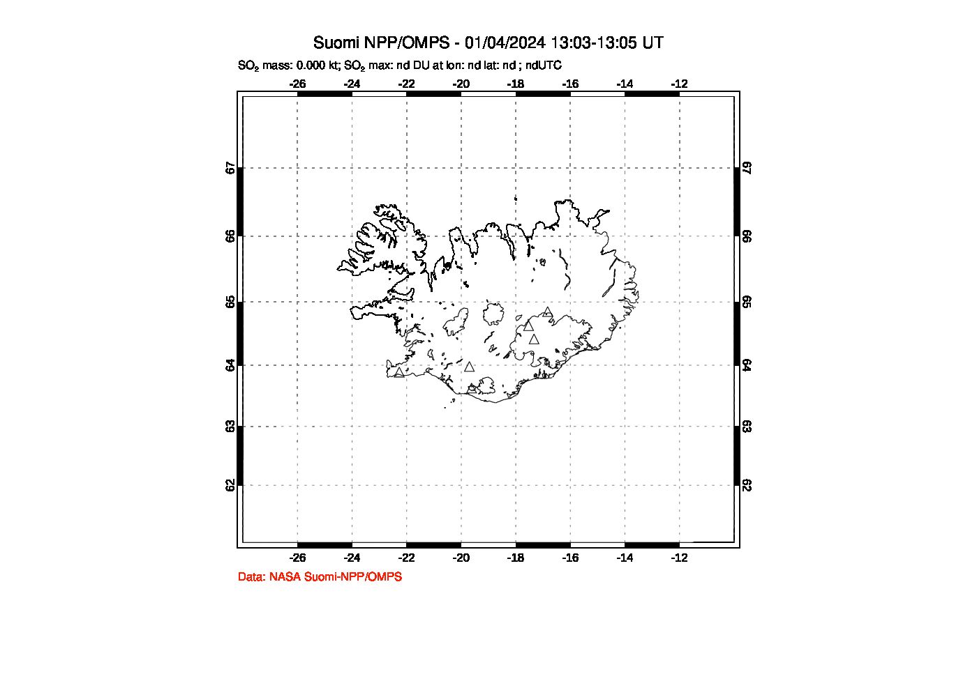 A sulfur dioxide image over Iceland on Jan 04, 2024.