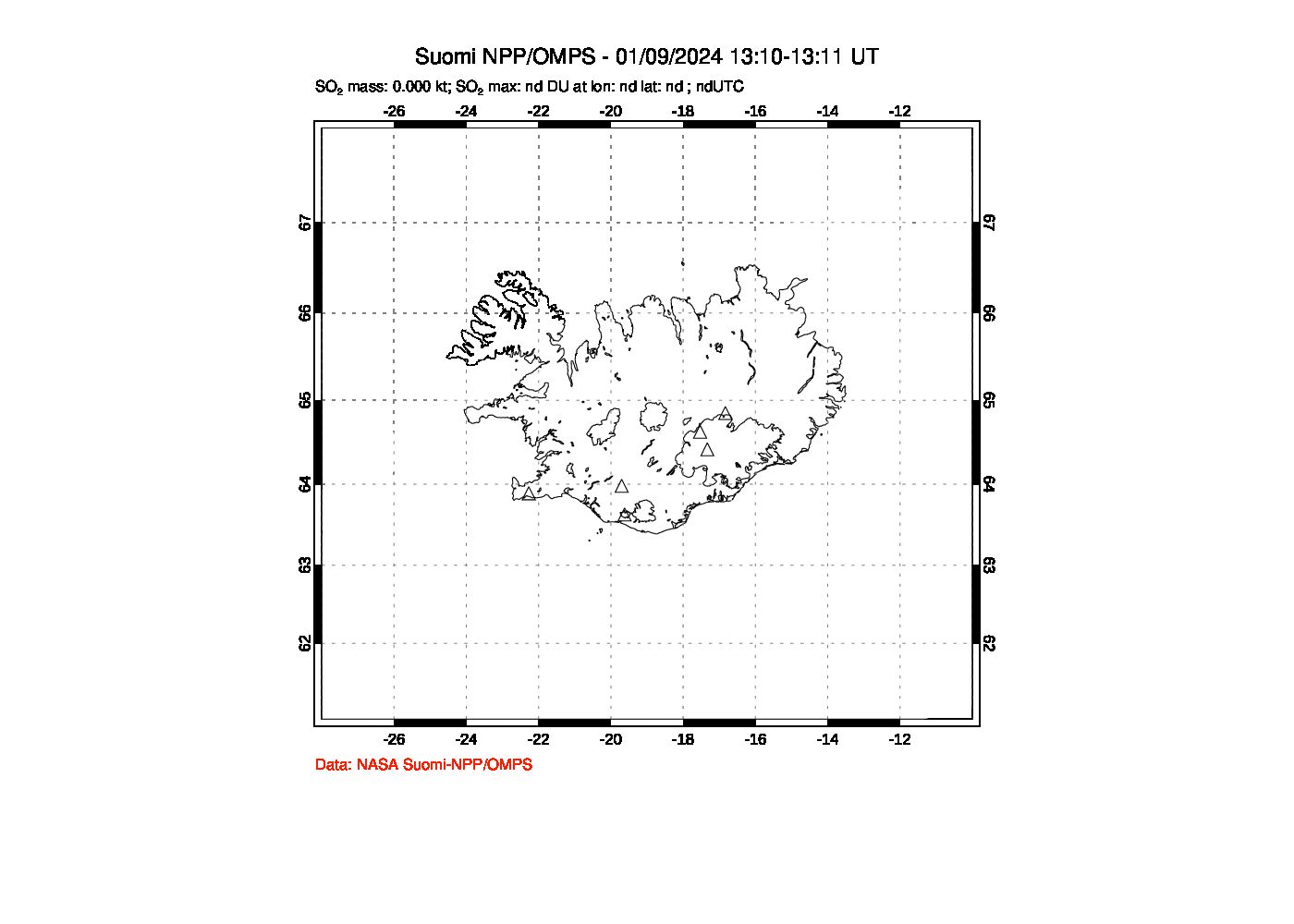 A sulfur dioxide image over Iceland on Jan 09, 2024.