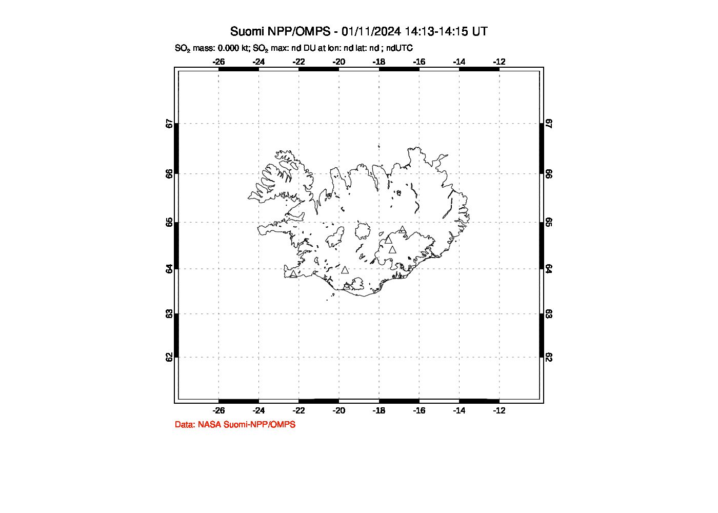 A sulfur dioxide image over Iceland on Jan 11, 2024.