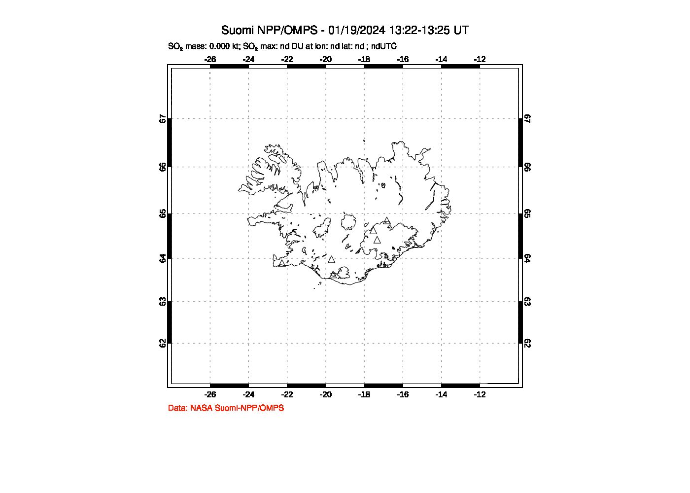 A sulfur dioxide image over Iceland on Jan 19, 2024.