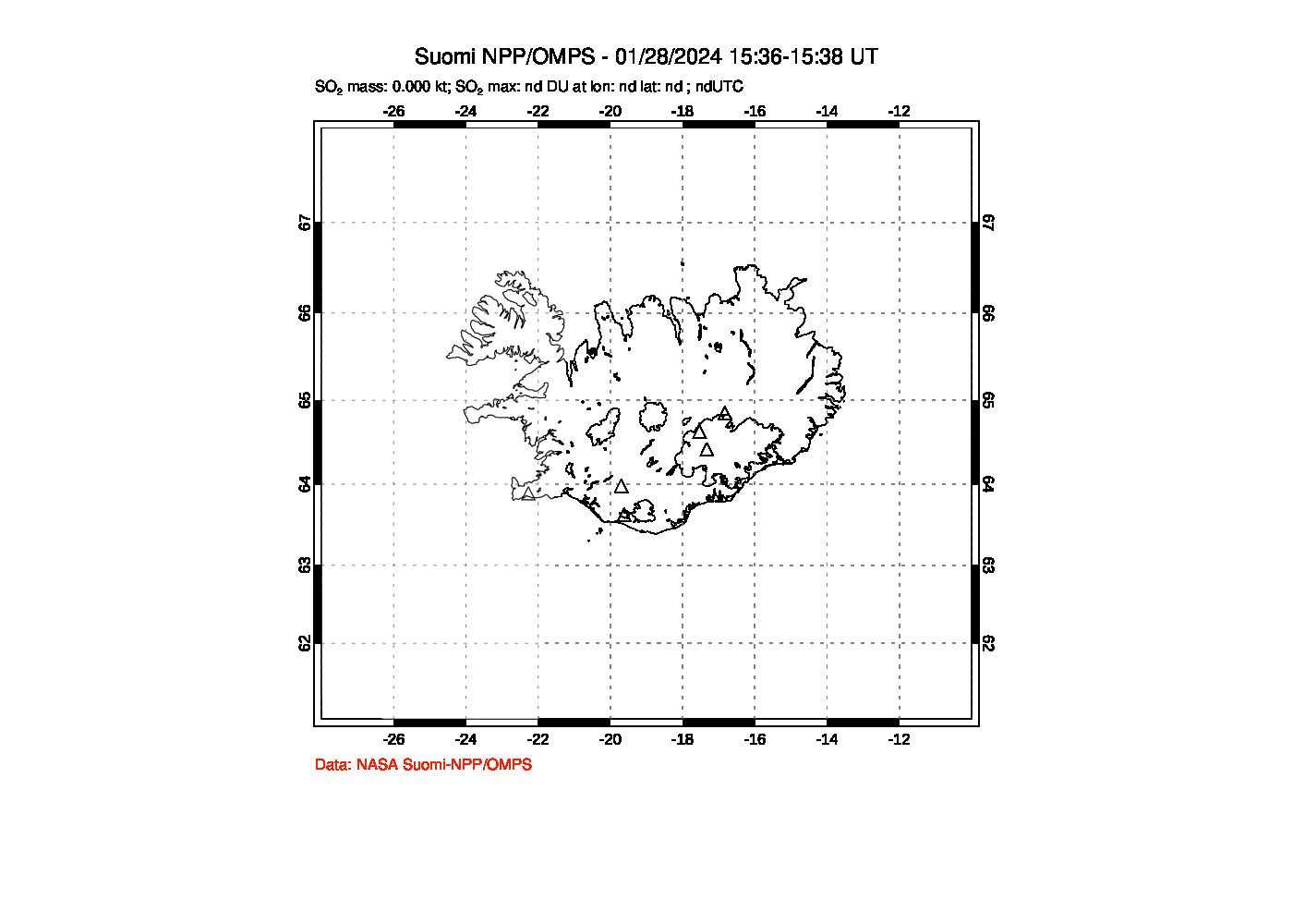 A sulfur dioxide image over Iceland on Jan 28, 2024.