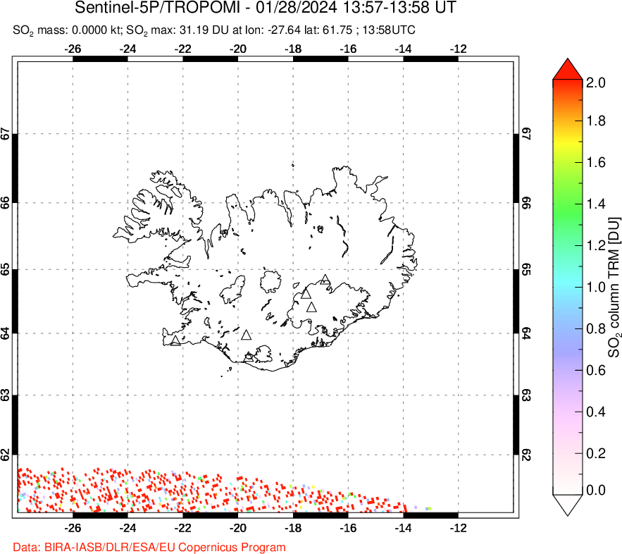 A sulfur dioxide image over Iceland on Jan 28, 2024.