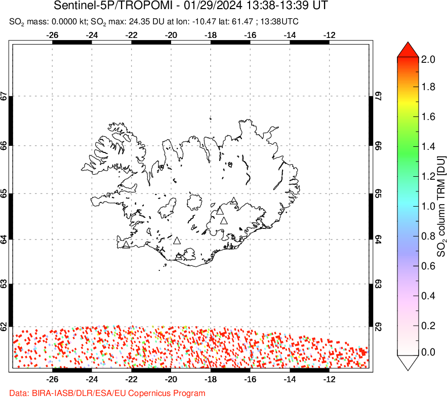 A sulfur dioxide image over Iceland on Jan 29, 2024.