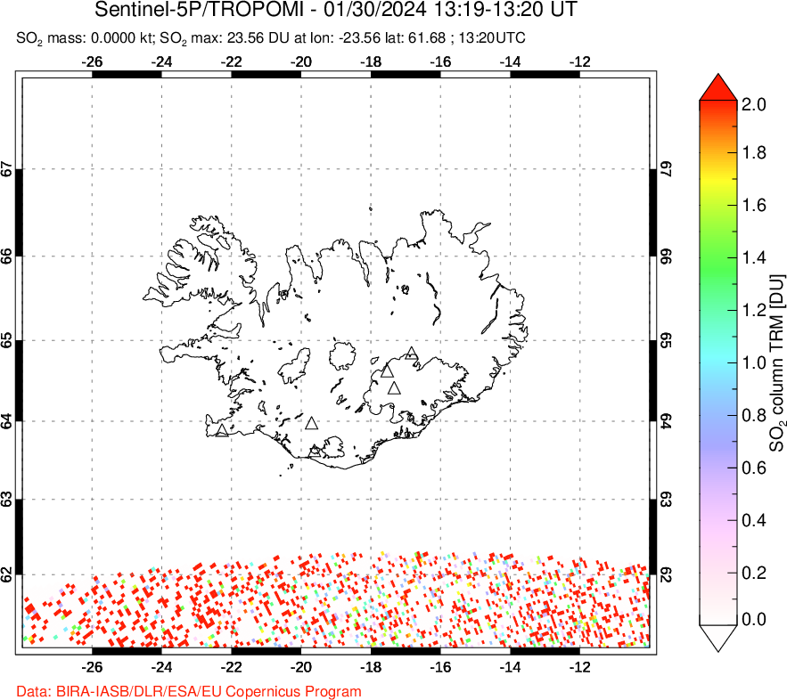 A sulfur dioxide image over Iceland on Jan 30, 2024.