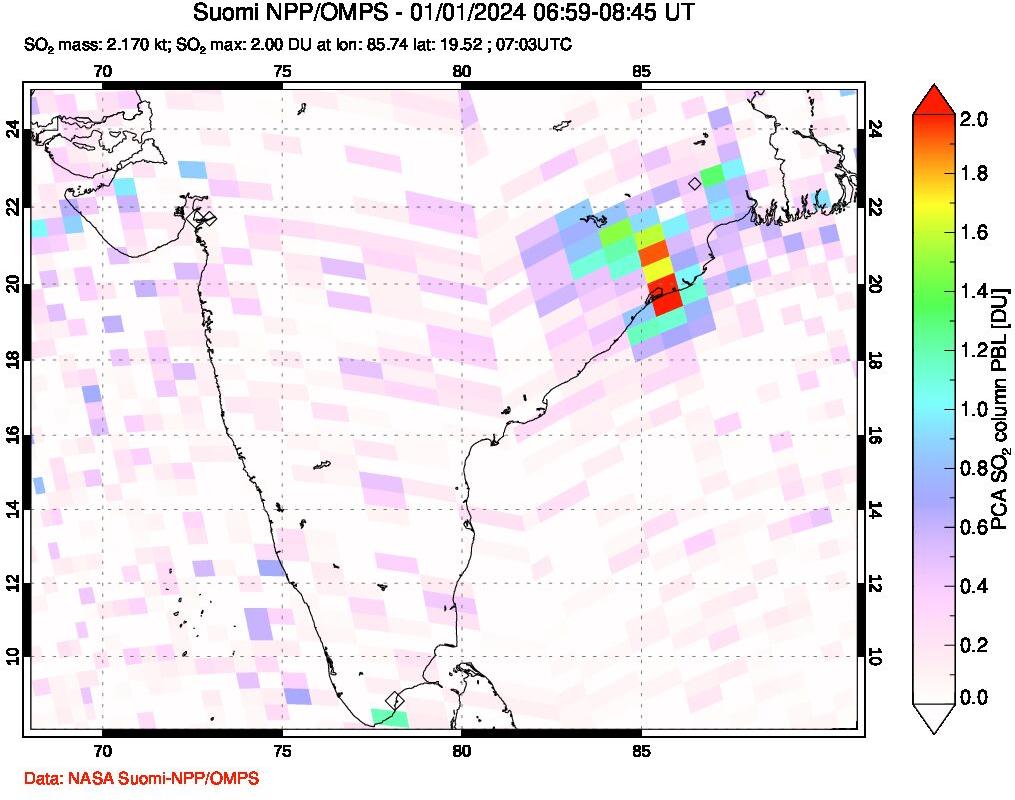 A sulfur dioxide image over India on Jan 01, 2024.