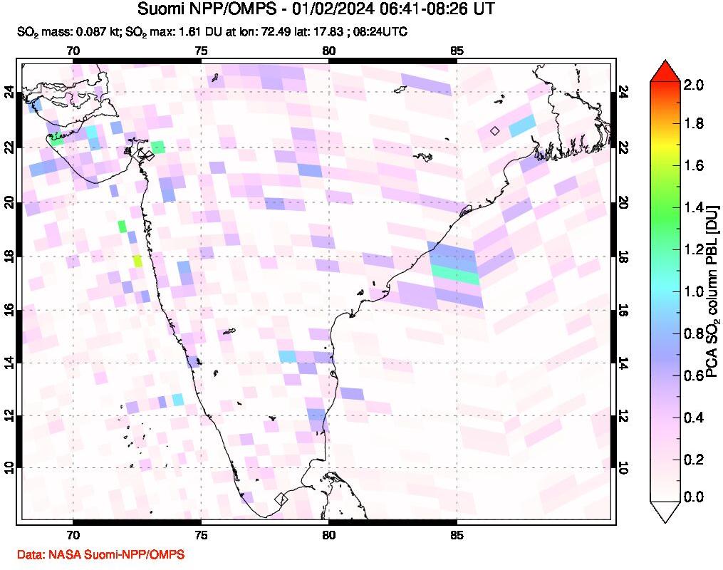 A sulfur dioxide image over India on Jan 02, 2024.