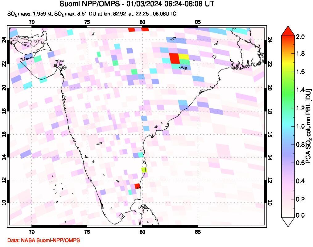 A sulfur dioxide image over India on Jan 03, 2024.