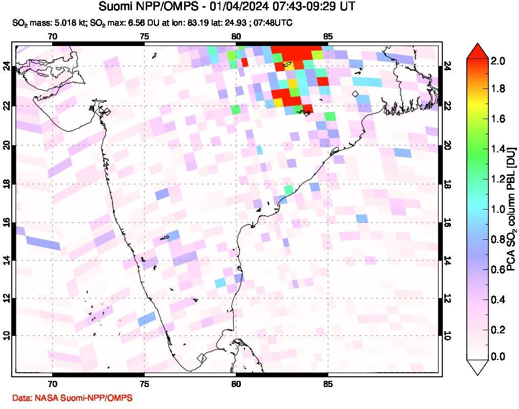 A sulfur dioxide image over India on Jan 04, 2024.