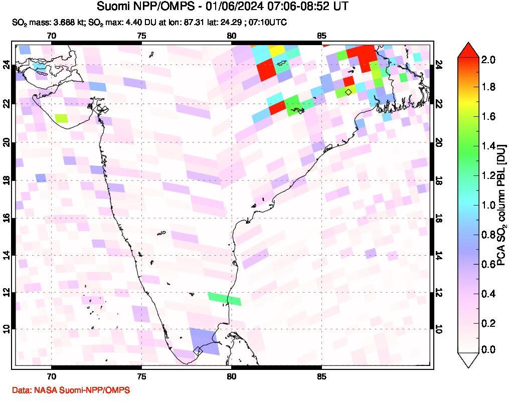 A sulfur dioxide image over India on Jan 06, 2024.