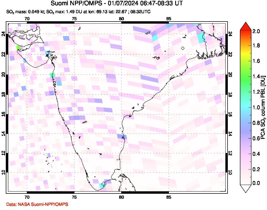 A sulfur dioxide image over India on Jan 07, 2024.