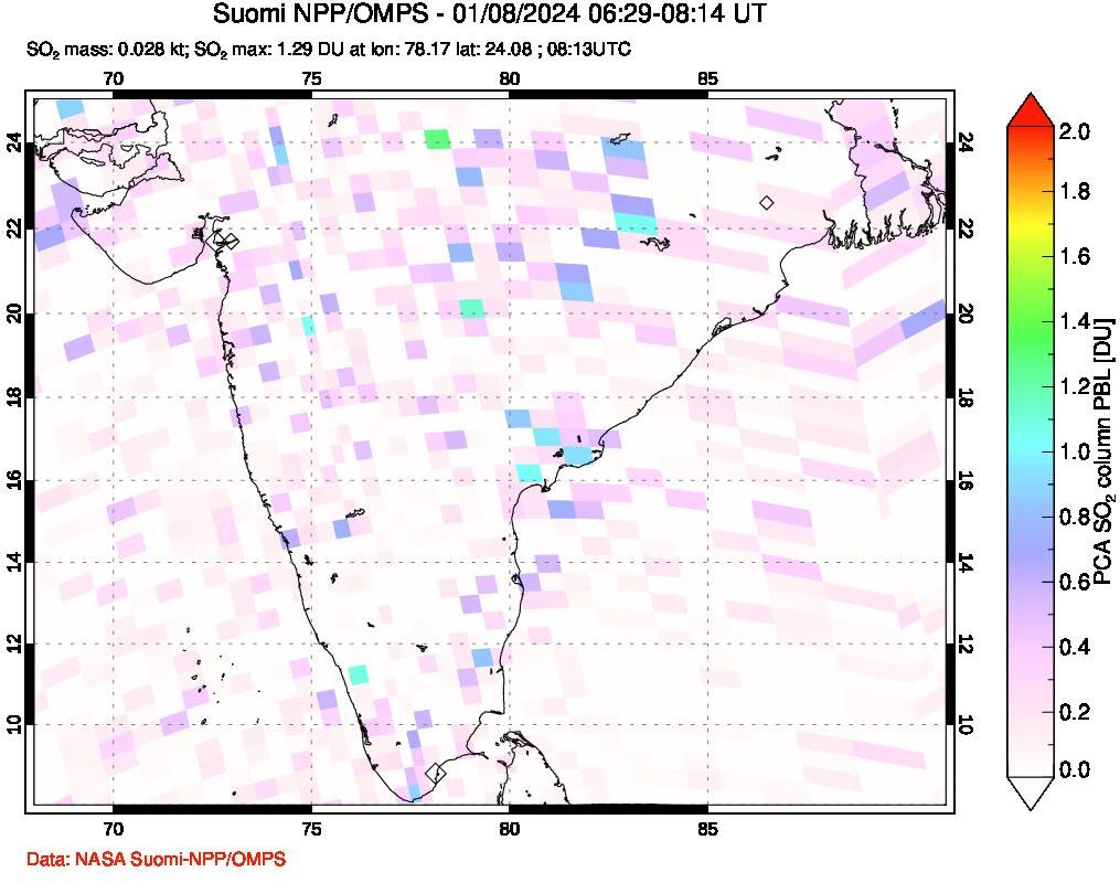 A sulfur dioxide image over India on Jan 08, 2024.